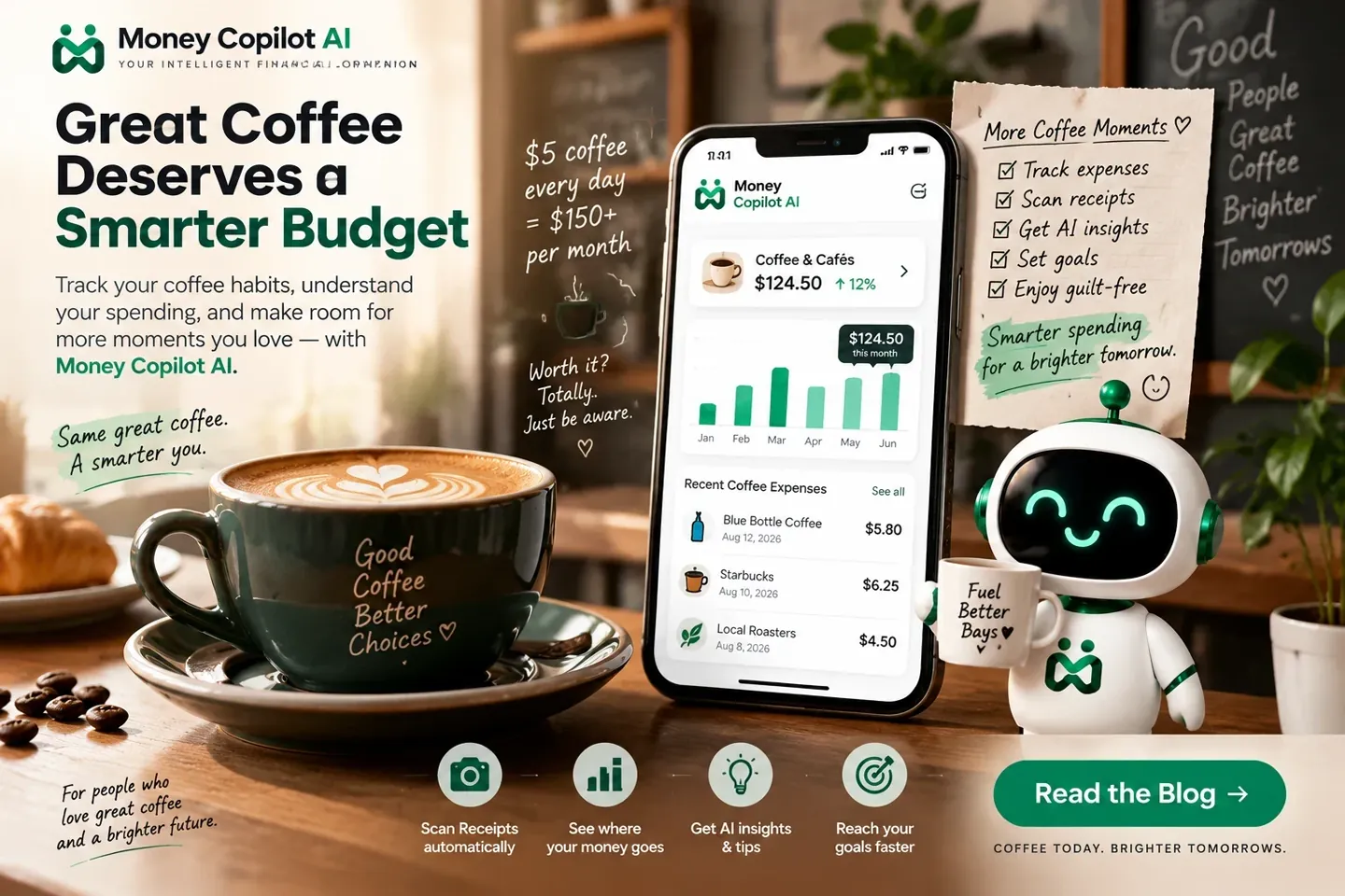 Great coffee deserves a smarter budget: a latte beside Money Copilot AI showing a monthly coffee and cafe total