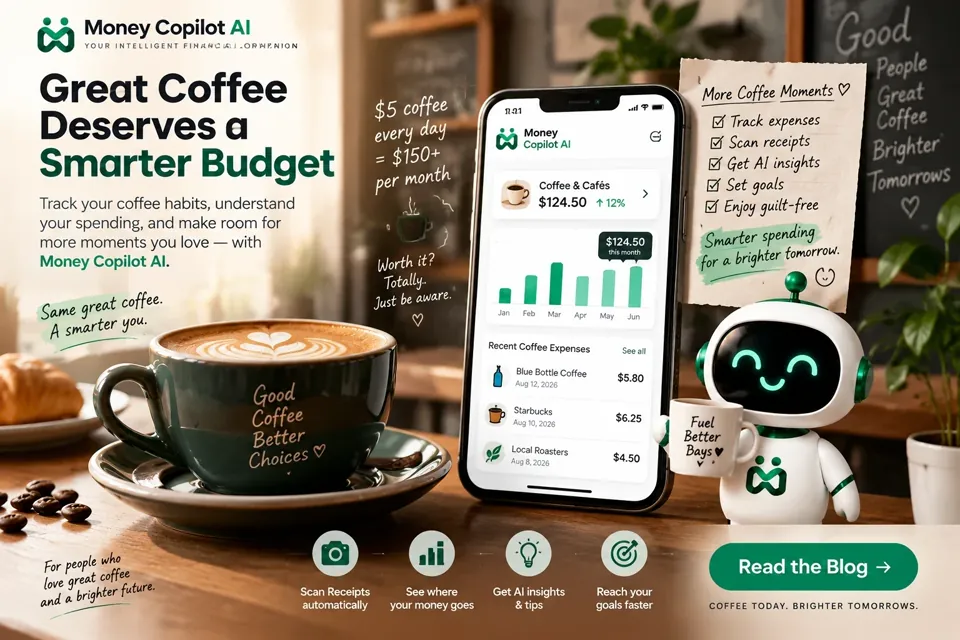 Great coffee deserves a smarter budget: a latte beside Money Copilot AI showing a monthly coffee and cafe total