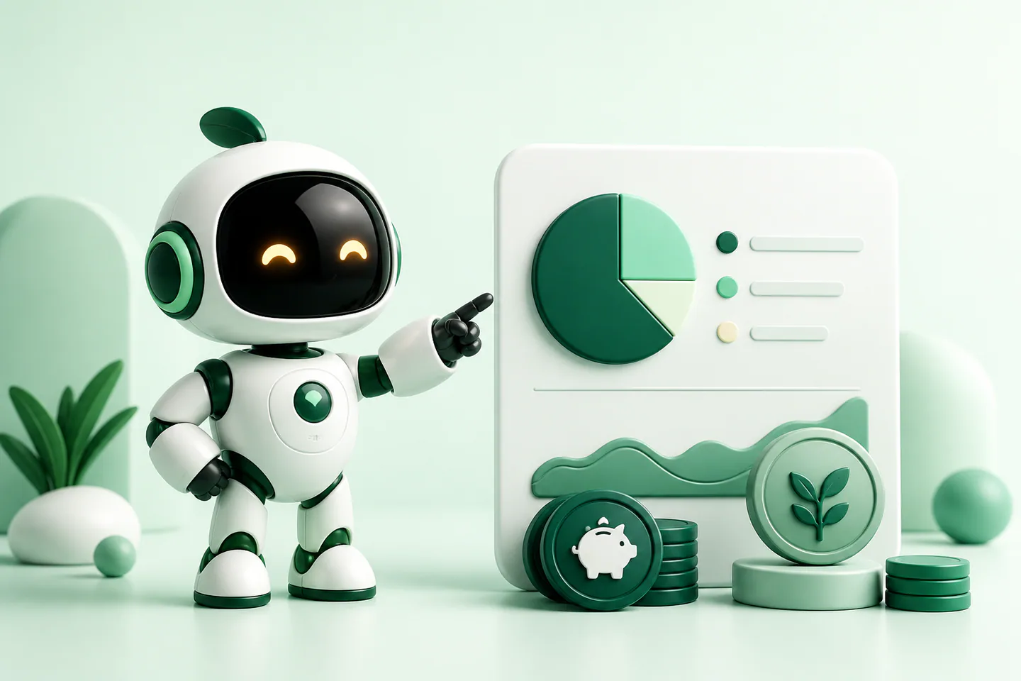 Friendly white and green Money Copilot guide beside a savings and spending dashboard