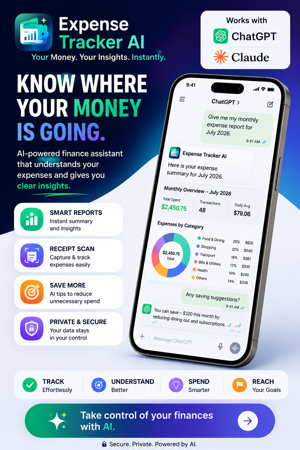 Money Copilot AI dark promotional preview showing ChatGPT and Claude support