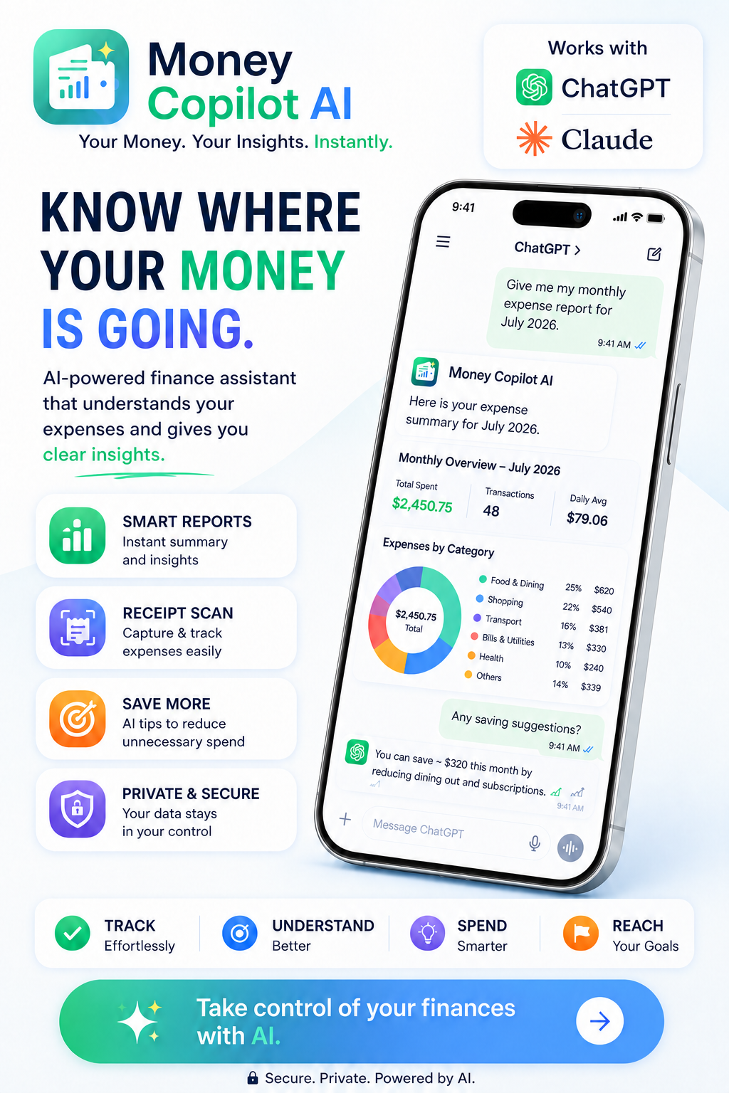 Money Copilot AI light promotional preview showing ChatGPT and Claude support