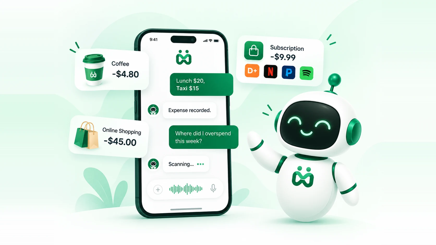 A phone showing Money Copilot in conversation: "Lunch $20, Taxi $15" recorded on the spot, a question about where the week overspent being answered, and a voice input bar, with coffee, online shopping and subscription expenses filed alongside and the mascot waving