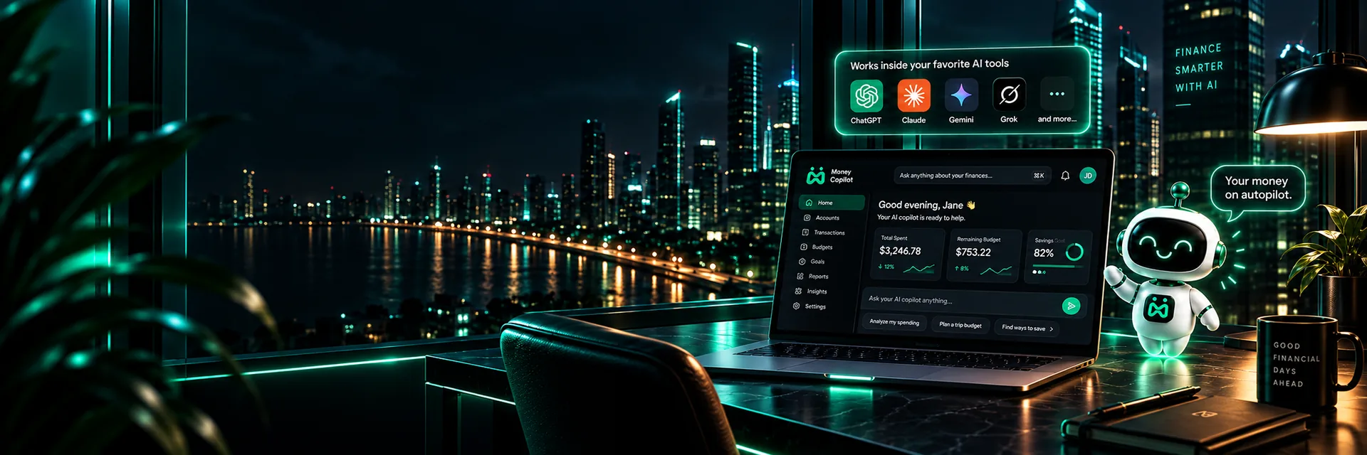 A laptop on a desk above a night city skyline, showing the Money Copilot dashboard greeting Jane with her total spent, remaining budget and savings goal, with the Money Copilot mascot beside it and a card listing the AI tools it works inside
