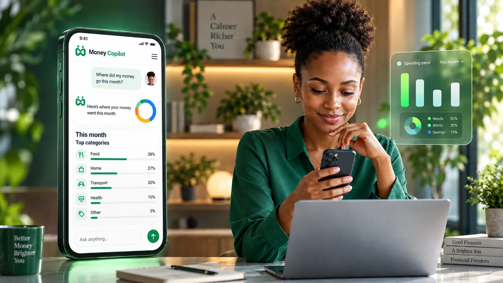 An East African professional at her desk with Money Copilot open on her phone, answering where the month went with a breakdown by category, beside a floating panel splitting the month into needs, wants and savings