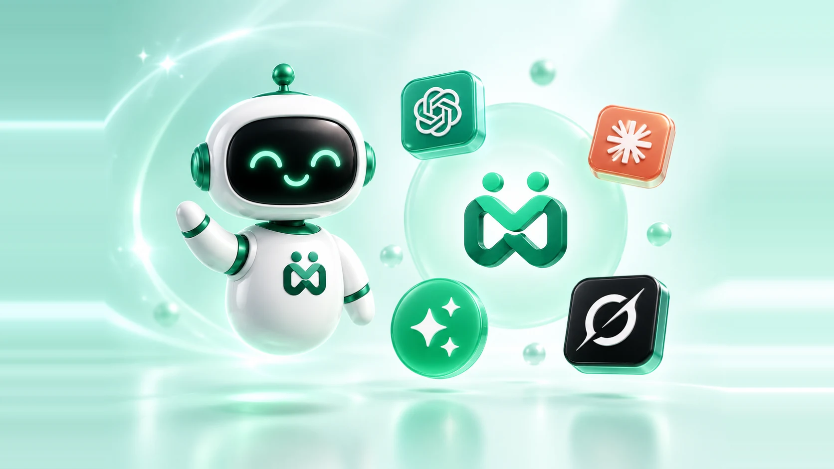The Money Copilot mascot beside its own mark and the app icons of the assistants it plugs into, ChatGPT, Claude, Gemini and Grok