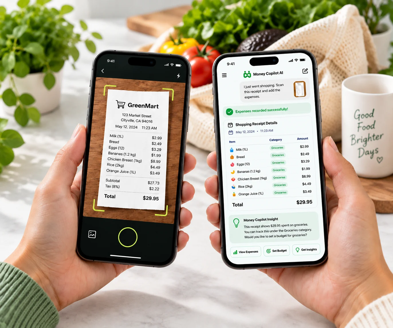 Two phones held over a kitchen counter: one photographing a GreenMart grocery receipt, the other showing Money Copilot having read all seven items, filed each under Groceries with its price, totalled them at $29.95 and offered to set a groceries budget