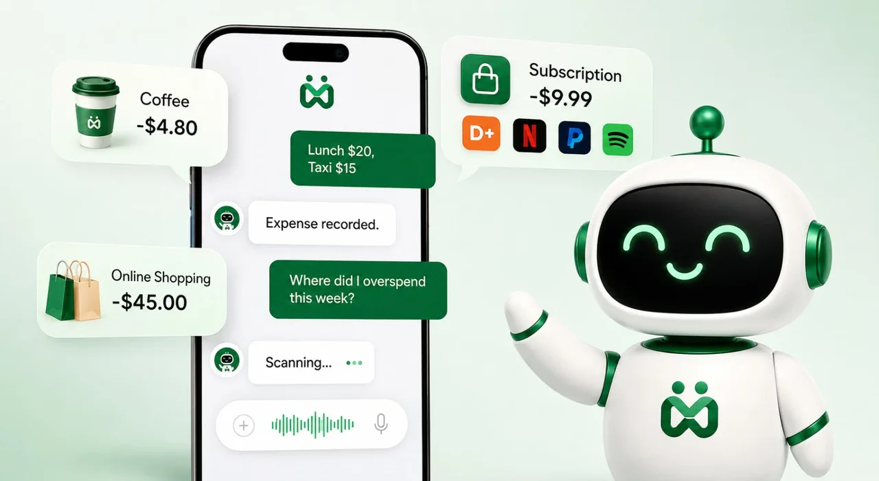 Money Copilot filing spoken expenses for coffee, online shopping and a subscription beside its mascot