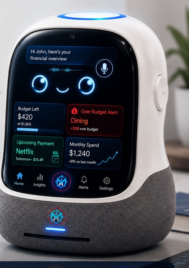 The Manny desk assistant, a rounded speaker-sized device with a screen showing a pair of animated eyes