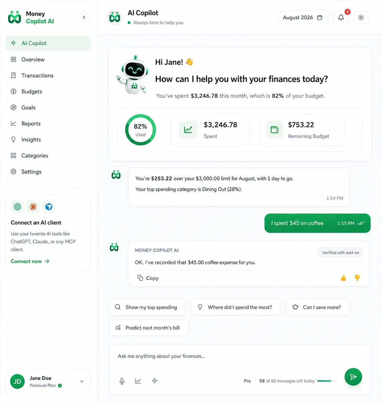 Money Copilot AI dashboard showing spending insights, budgets, and a finance chat